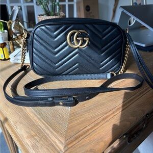 Authentic Gucci Marmont Black Quilted Crossbody Bag with Gold Chain